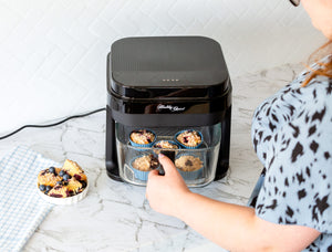 Blueberry muffins baked in Healthy Choice AFG605 Glass airfryer.