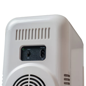 Small white portable refrigerator with control panel on a white background