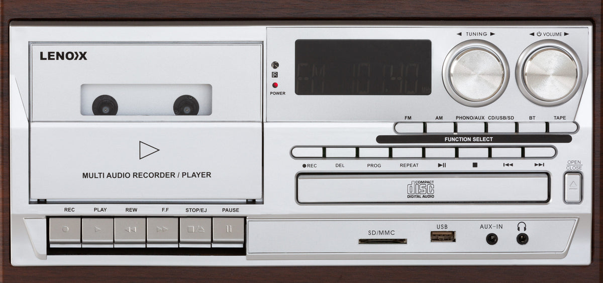 Control's close up of the Brown Wood-pattern Audio Home Entertainment System.