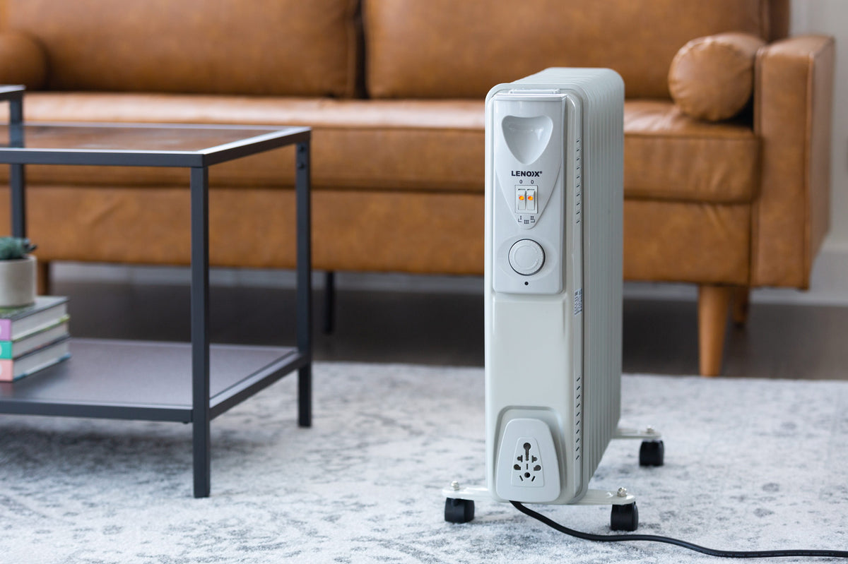 11-Fin Oil Column free standing heater in a living room.