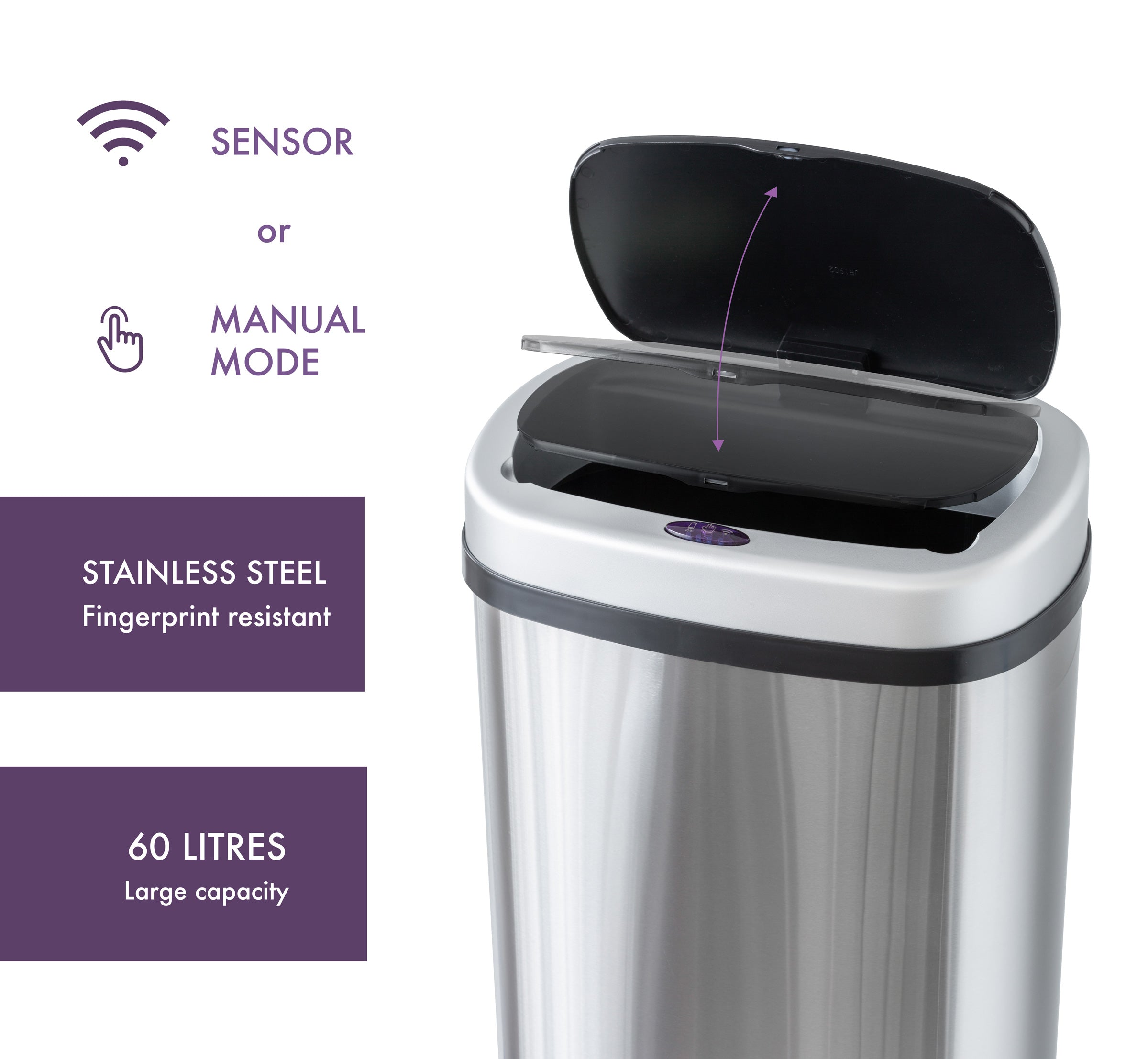 60L Stainless Steel Motion Sensor Rubbish Bin Lenoxx Electronics