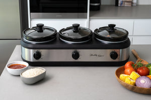 3-Pot Slow Cooker in a modern kitchen, ready for cooking.