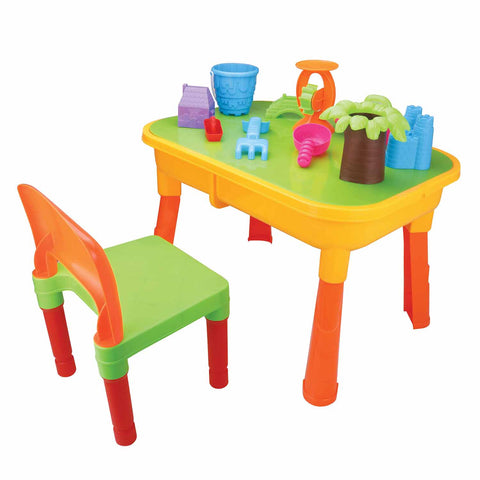 Children's 2-in-1 Sand & Water Table with a matching chair and colourful accessories.