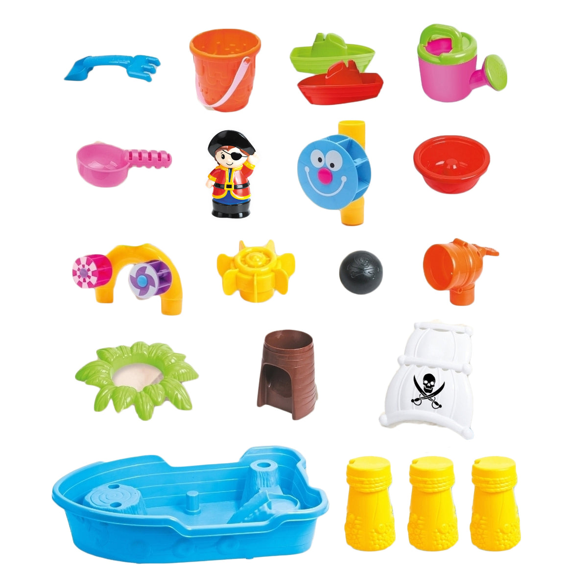 Accessories of the pirate-themed sand & water table - including a palm tree, pink watering can and a little pirate figurine.