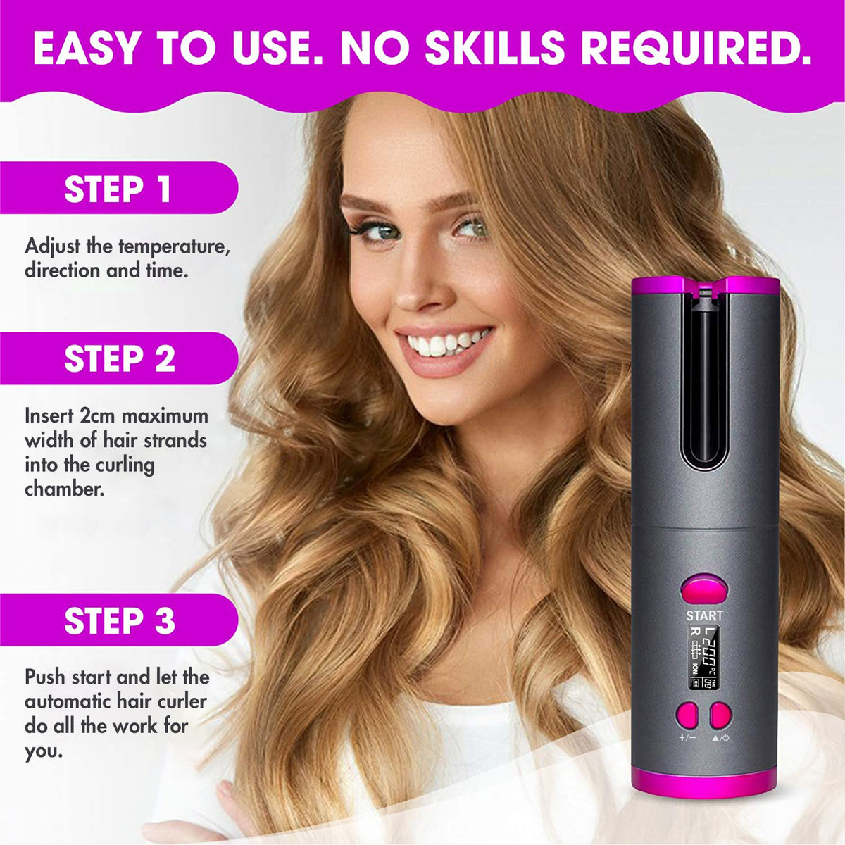 Quick instructions of using the Cordless Ceramic Automatic Hair Curler.