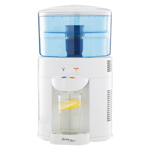 Bench Top Water Filter & Cooler with a glass of fresh water.