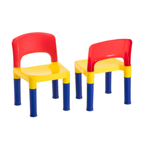 Two colourful children's chairs with red backrests, yellow seats, and blue legs on a white background.