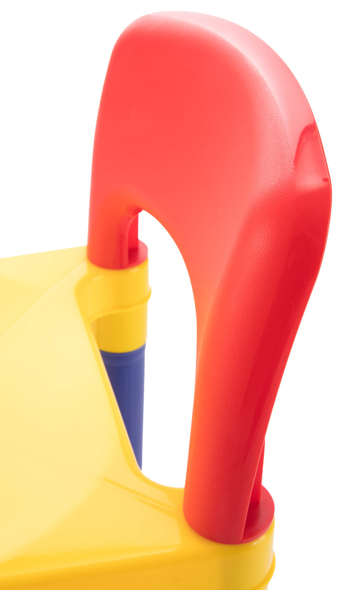 Close-up of a red and yellow kids chair on a white background