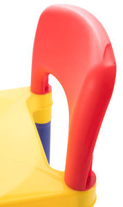 Close-up of a red and yellow kids chair on a white background
