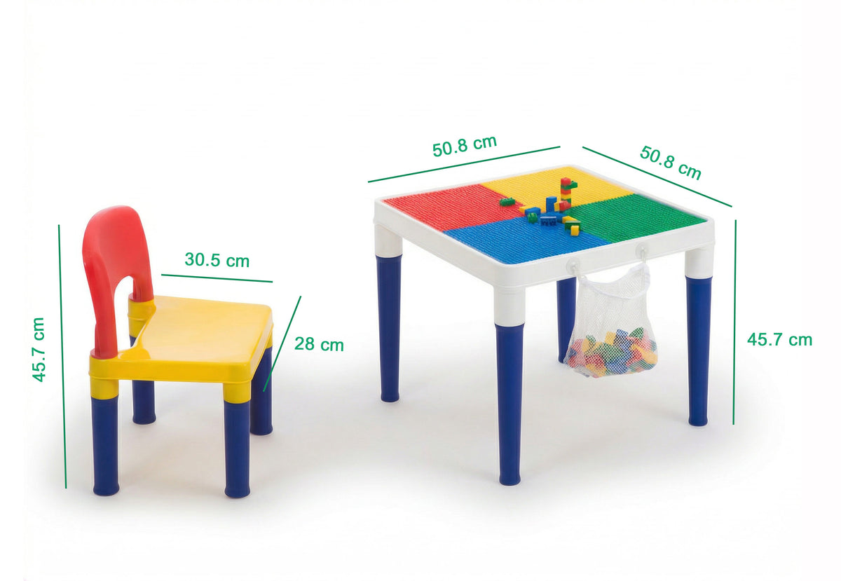 Children's table and chair set with colorful surface and blue legs, dimensions indicated.