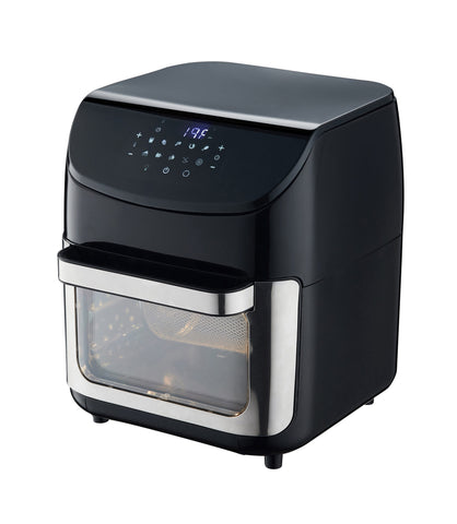 Angle view of the 12L Digital Air Fryer with oven-style door and rotisserie accesories. 