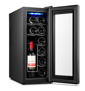 12 Bottle Wine Cellar Fridge w/ Glass Door, Temperature Control & Cooler