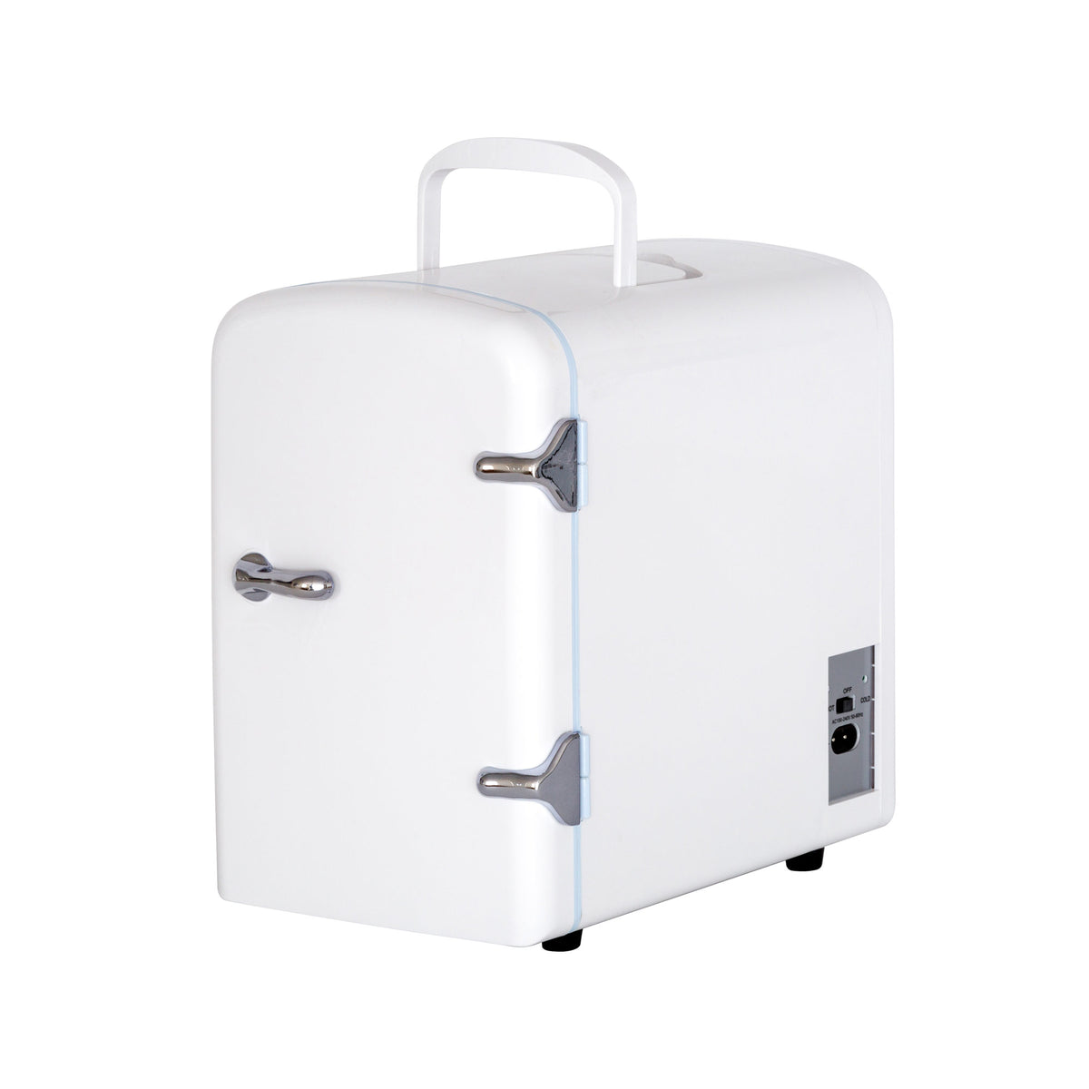 Angle view of the BF550 Cosmetics, Beauty & Skincare Fridge in white colour with a carry handle on top.