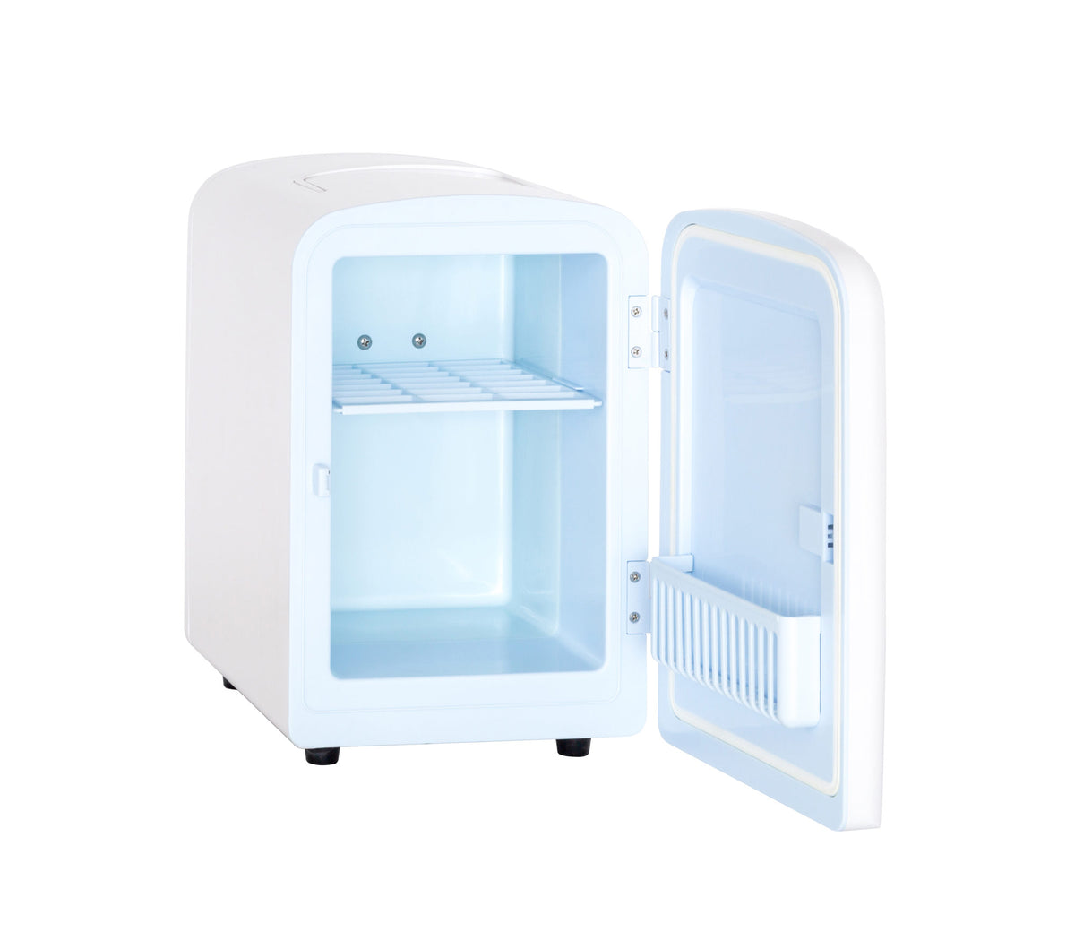 BF550 Cosmetics, Beauty & Skincare Fridge with the door open showing the internal and door shelves and a light-blue colour inside..