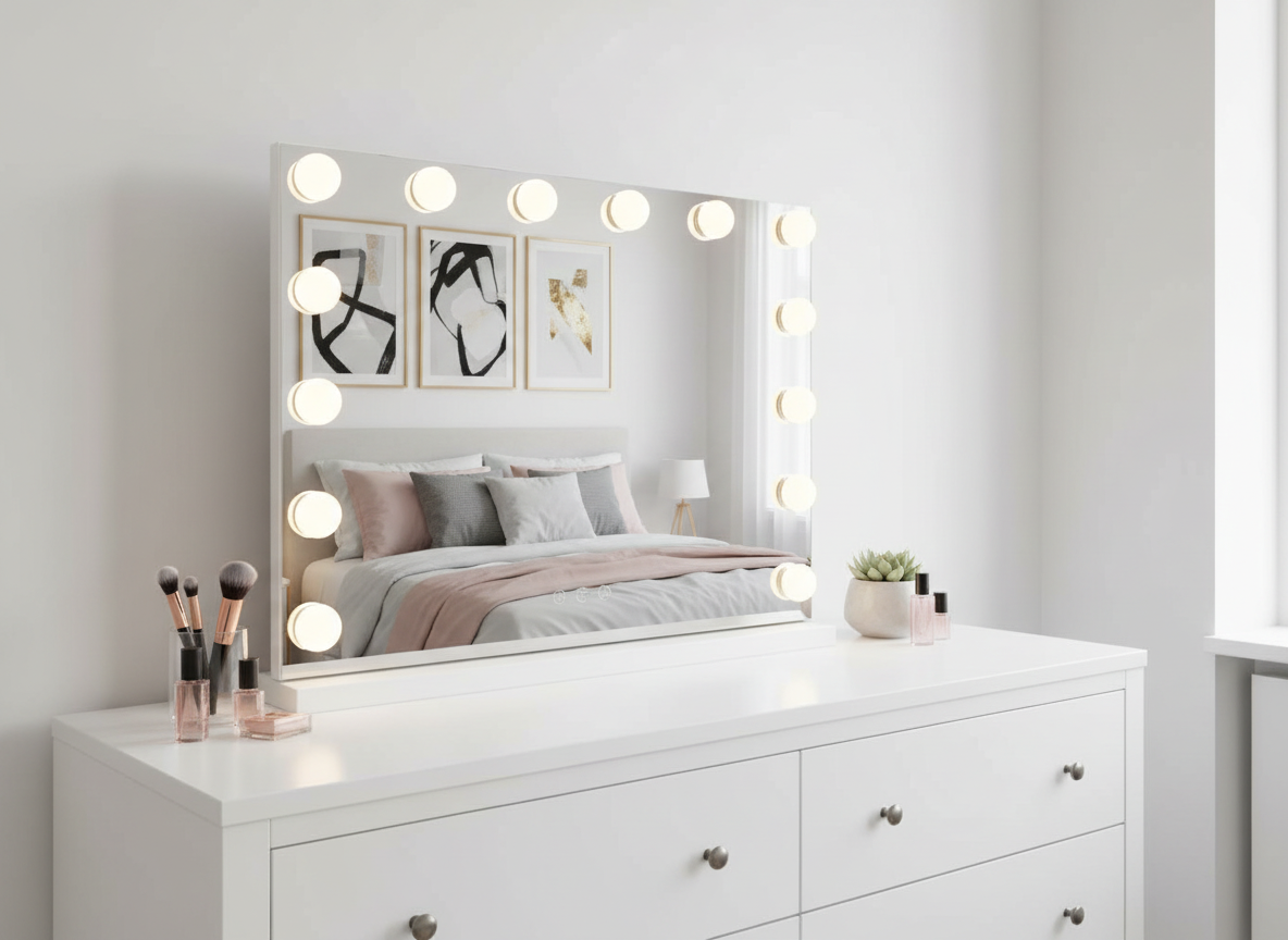 Lenoxx Hollywood Vanity Mirror with Adjustable LED Lighting in a bedroom setting