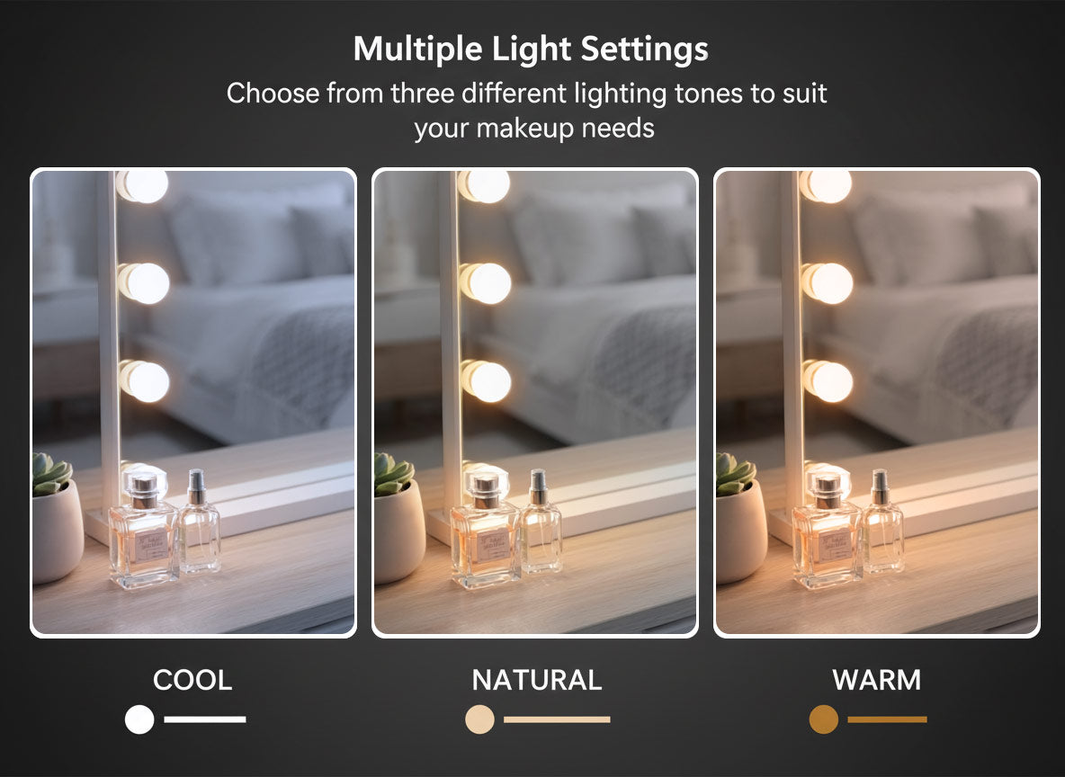 Makeup mirror with multiple light settings shown on a dark background