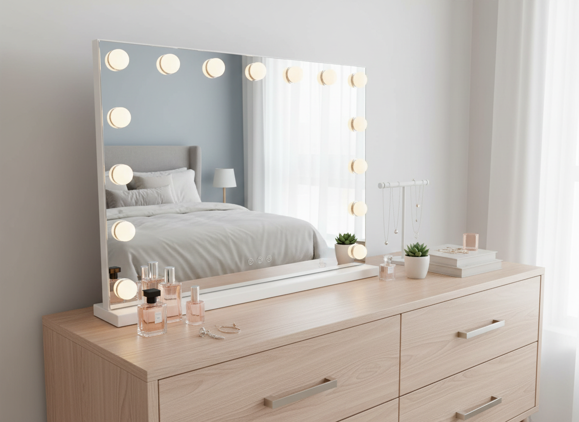 Dresser with vanity mirror featuring led lights in a bedroom setting.