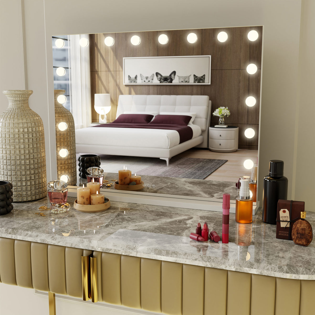 Lenoxx Hollywood Vanity Mirror with Adjustable LED Lighting on a bedroom 
dresser