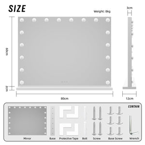 Size and box contents of BM800 Lenoxx makeup mirror