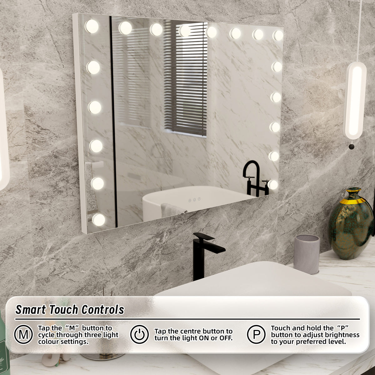 Bathroom vanity with a mirror with lights and smart touch controls.