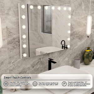 Bathroom vanity with a mirror with lights and smart touch controls.