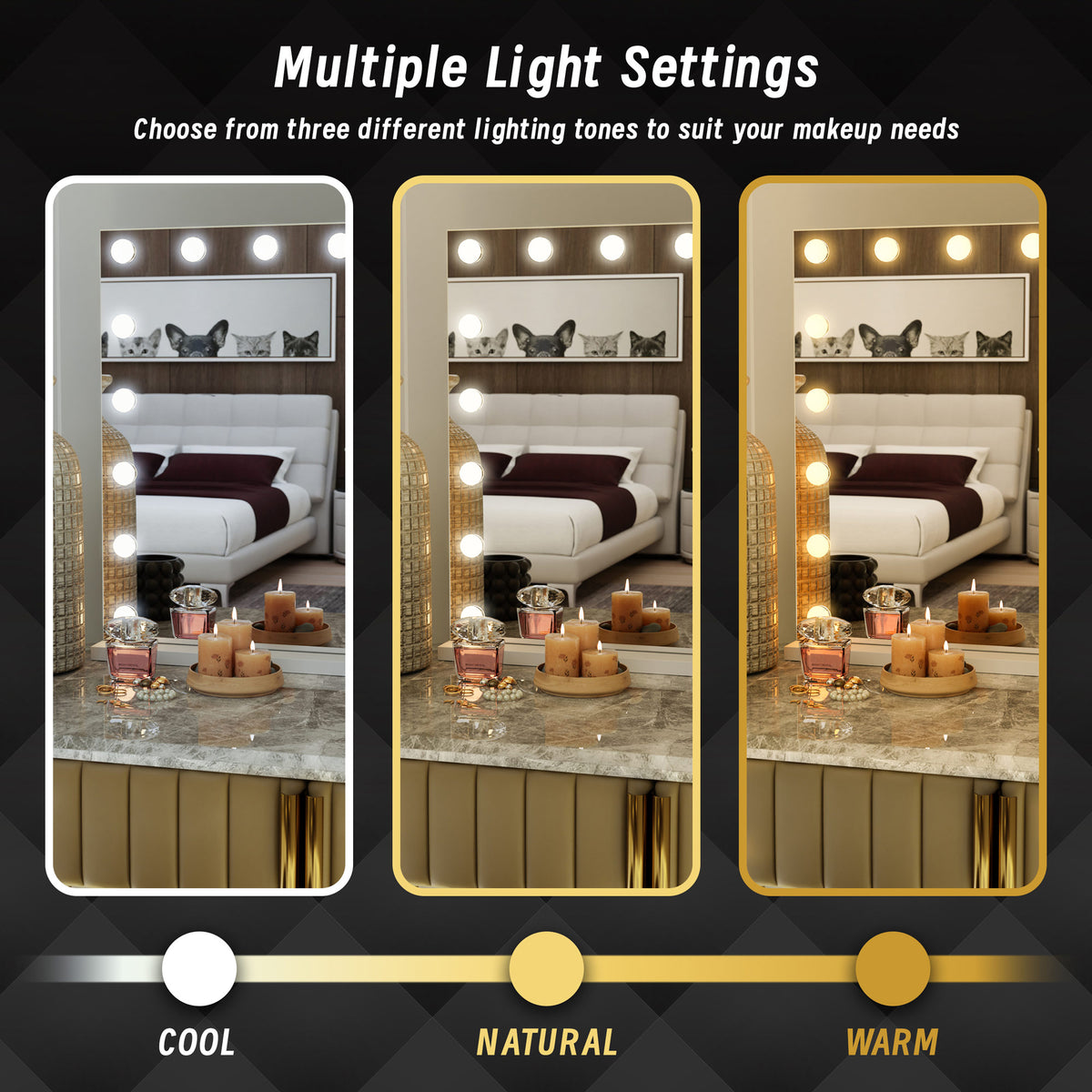 Makeup mirror with three lighting tones settings on a dark background