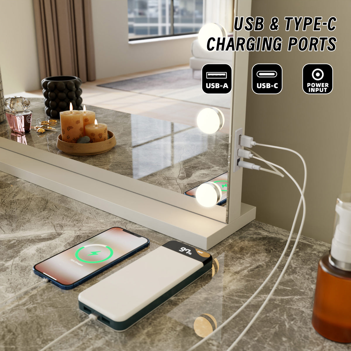 Charging device with USB and Type-C ports on a table next to a mirror.