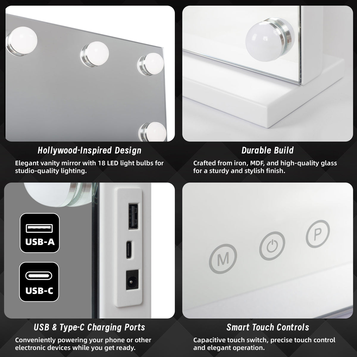 Vanity mirror with LED lights, USB & Type-C charging ports, and smart touch controls.