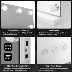 Vanity mirror with LED lights, USB & Type-C charging ports, and smart touch controls.