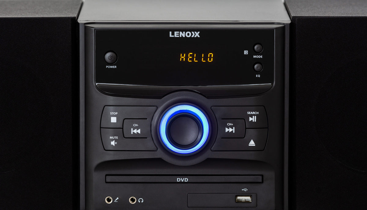 Close up of the front panel of the Bluetooth DVD Hi-Fi Speaker Sound System.
