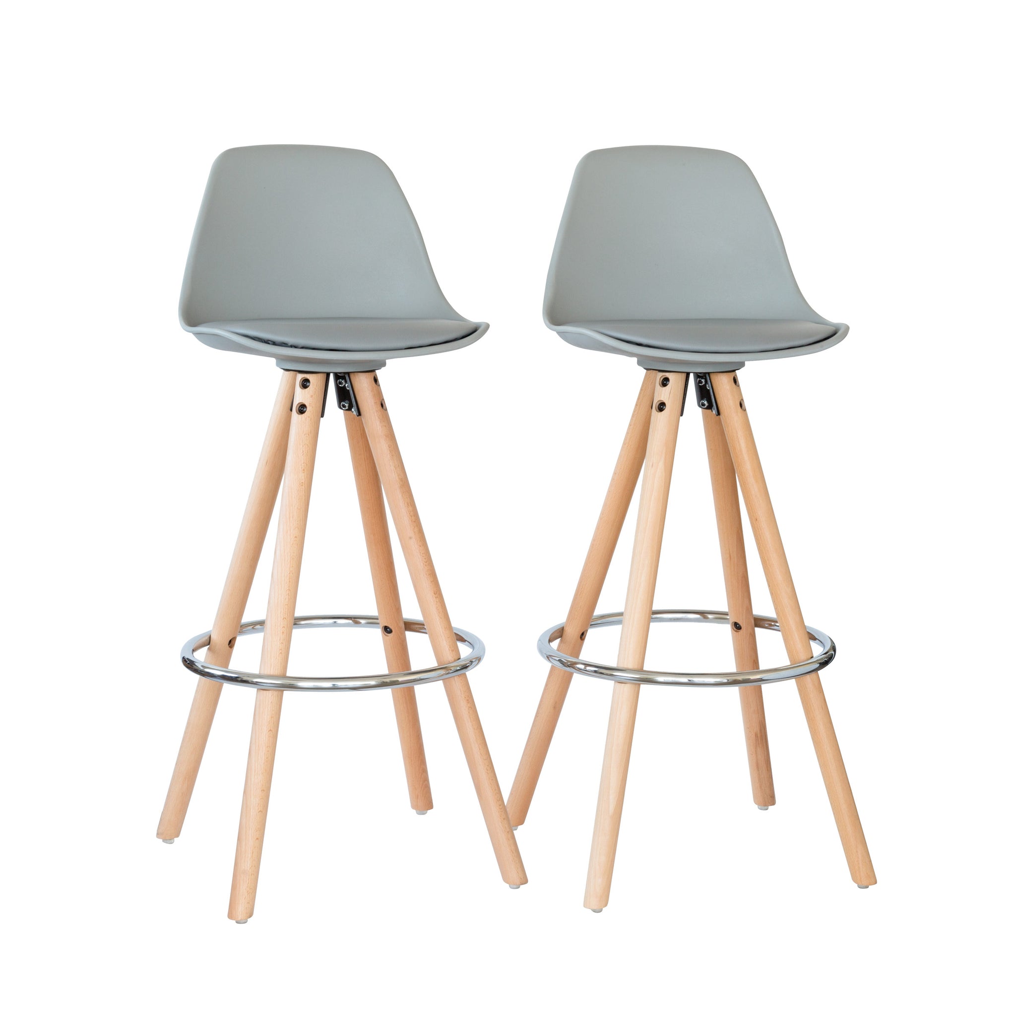 2 PU Leather Padded Barstools (Light Grey/Wood) with Metal Footrest