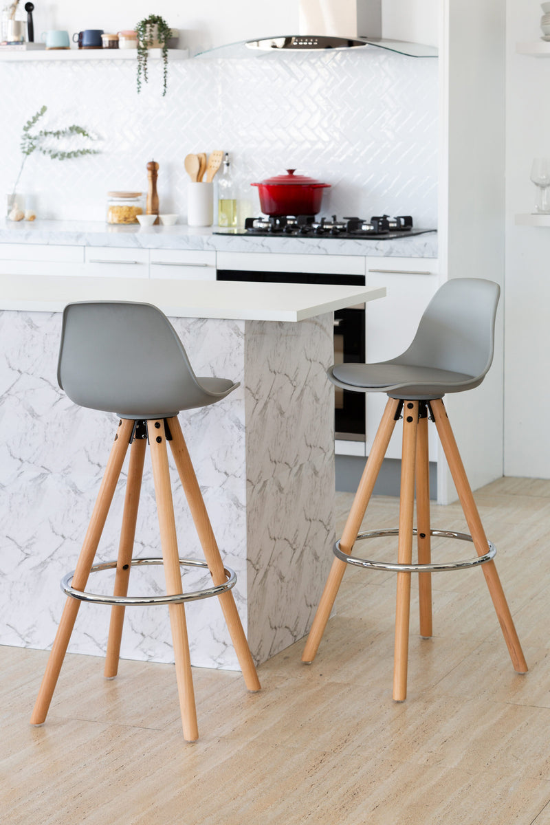 2 PU Leather Padded Barstools (Light Grey/Wood) with Metal Footrest