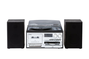 Front view of the Black Wood-pattern Audio Home Entertainment System with the CD tray open.