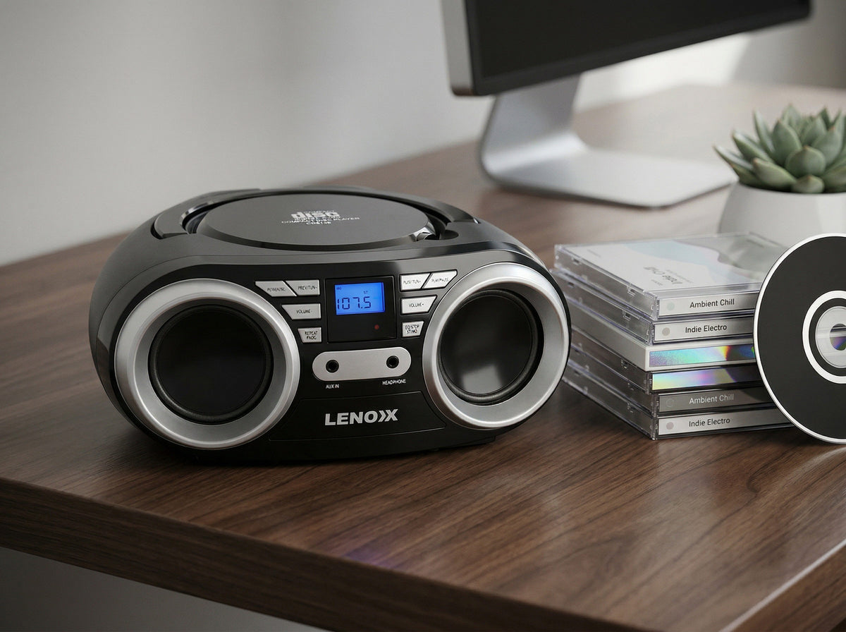 Black portable Lenoxx CD Player on a wooden surface with CDs and a computer monitor in the background