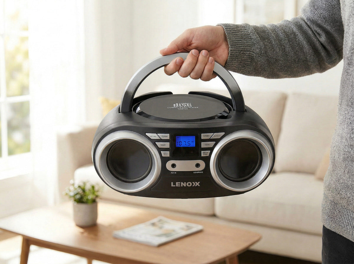Person holding a black portable stereo with a handle in a living room.