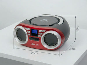 Red portable Lenoxx CD Player with dimensions on a grey background