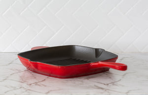 Enamelled Cast Iron Square Grill Pan in a kitchen.