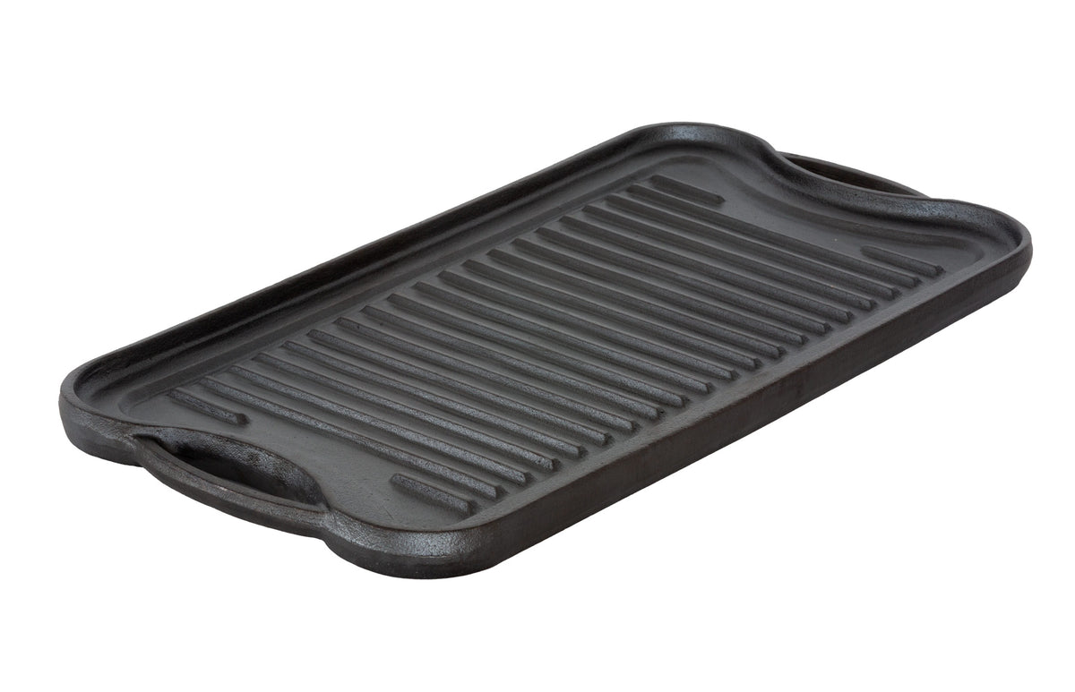 Angle view of the Seasoned Cast Iron reversible Grill