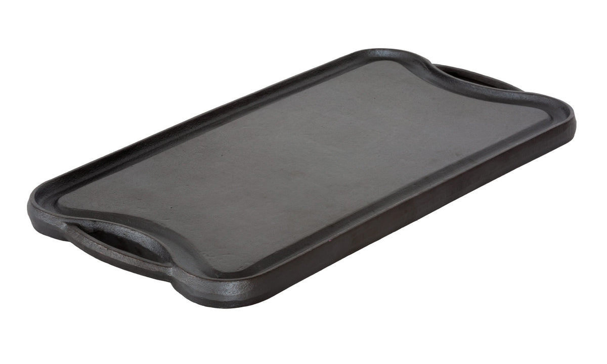 Angle view of the Seasoned Cast Iron reversible Griddle