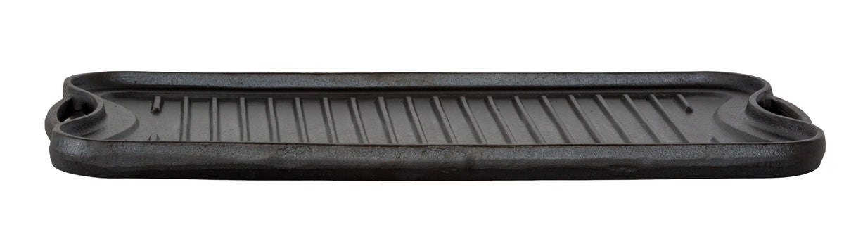 Side view of the Seasoned Cast Iron reversible Grill