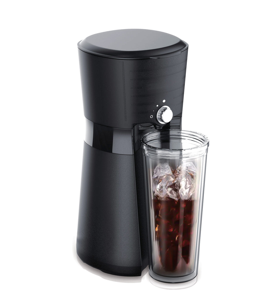 Iced Coffee Maker with 650ml reusable cup full of ice cubes and coffee.