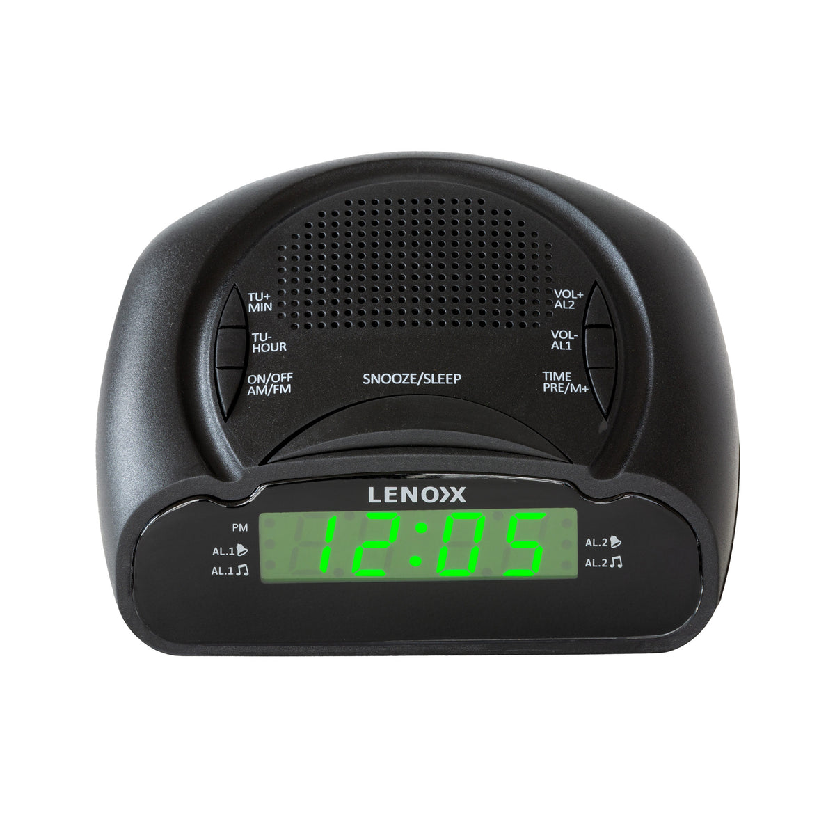 Top view of the black rounded AM/FM Alarm Clock & Radio with Large Green LED Time Numbering.