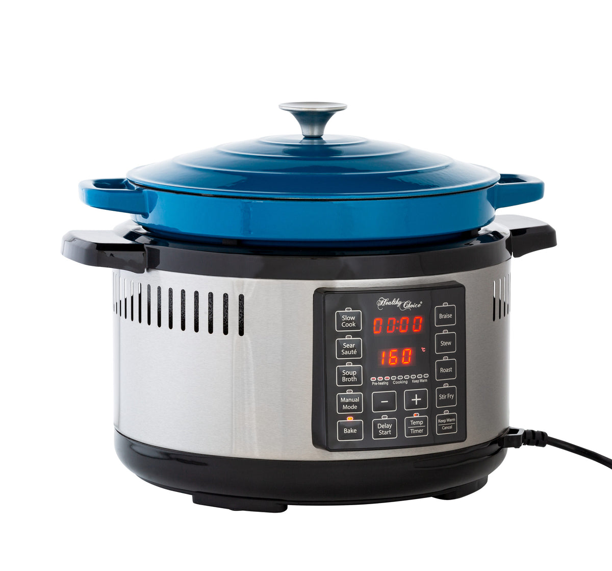 Angle view of the 6.5L Intelligent Digital Dutch Oven with blue cast iron pot and stainless steel housing.