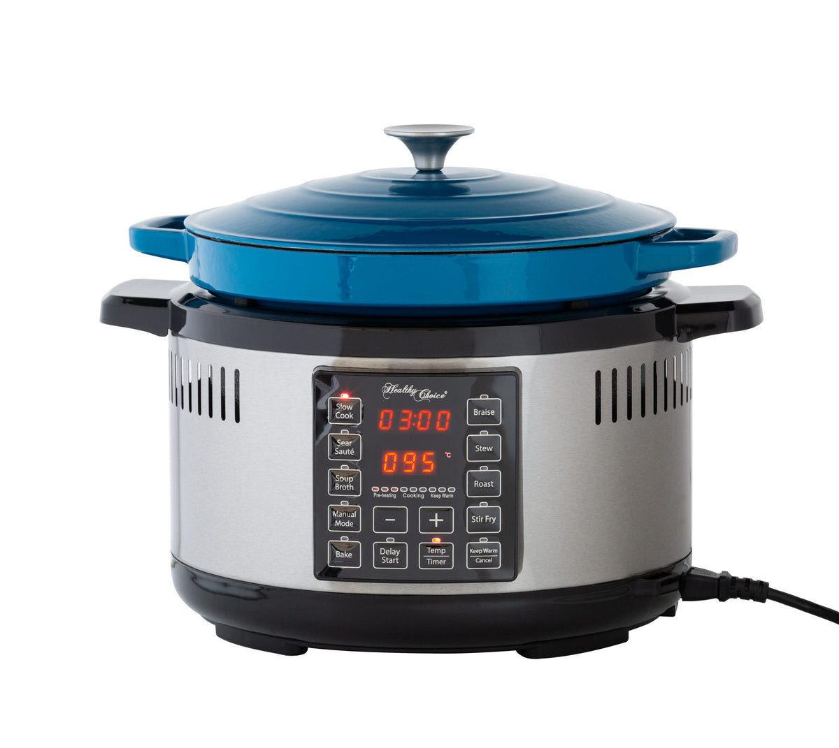 Front view of the 6.5L Intelligent Digital Dutch Oven with blue enamelled cast iron pot and slow cook option turned on.