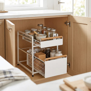 2-Tier Pull-Out Drawer Storage Organiser with Wooden Handles
