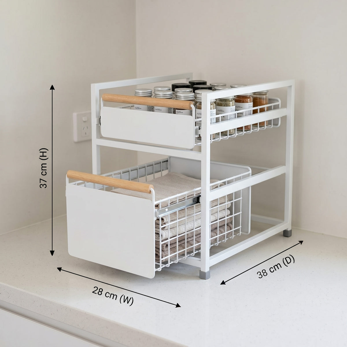 2-Tier Pull-Out Drawer Storage Organiser with Wooden Handles
