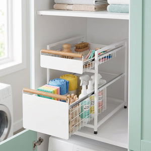 2-Tier Pull-Out Drawer Storage Organiser with Wooden Handles