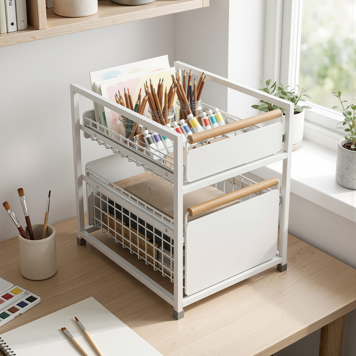 2-Tier Pull-Out Drawer Storage Organiser with Wooden Handles