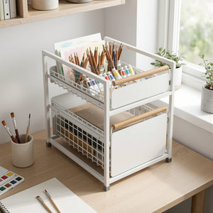 2-Tier Pull-Out Drawer Storage Organiser with Wooden Handles