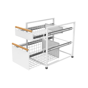 2-Tier Pull-Out Drawer Storage Organiser with Wooden Handles